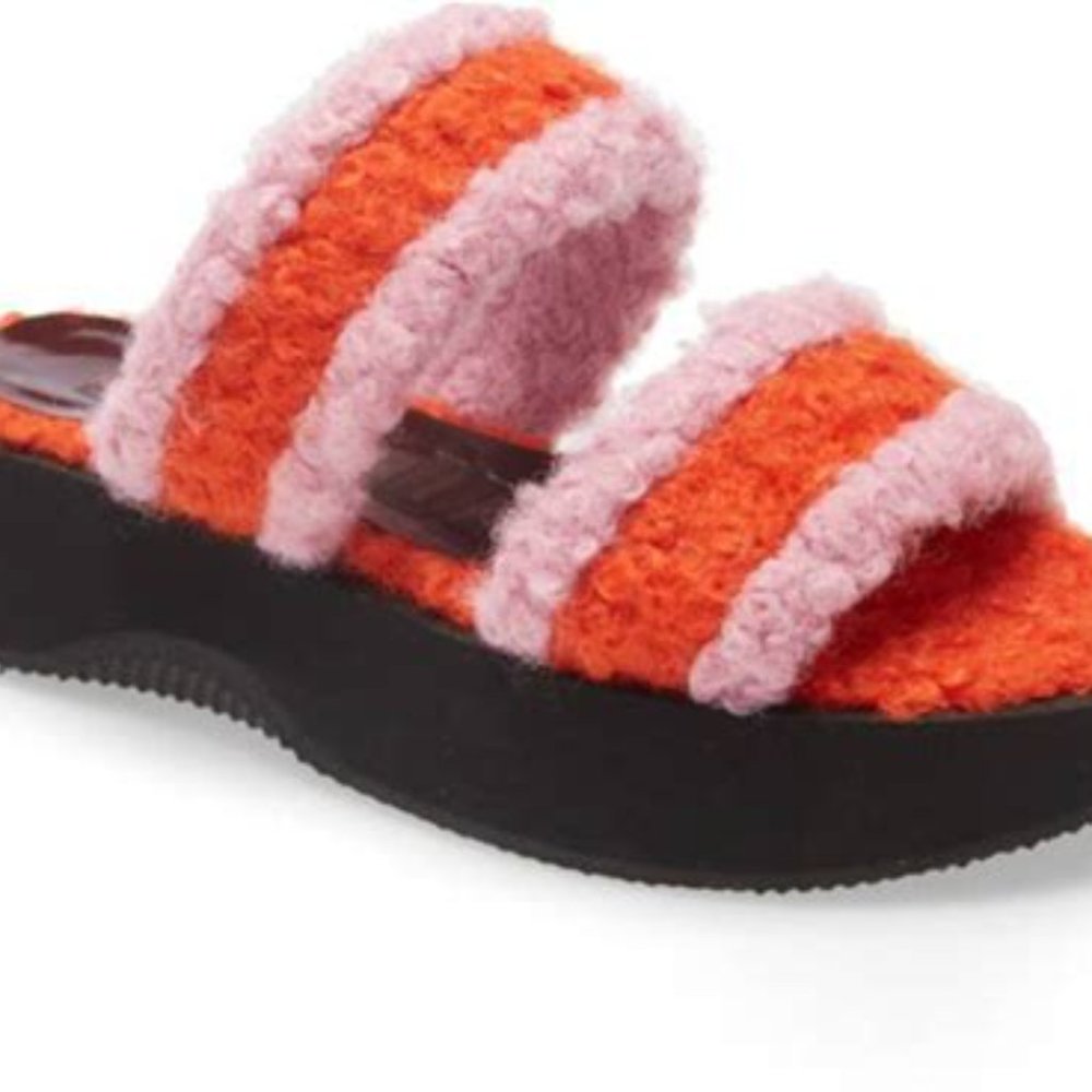 NWOT STAUD Pink and Orange Fuzzy Platform Slide Sandals